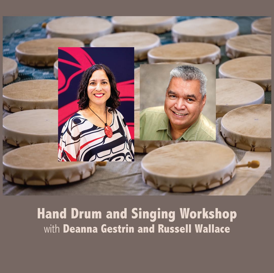 Deanna and Russell collaged over an image of tan coloured hand drums