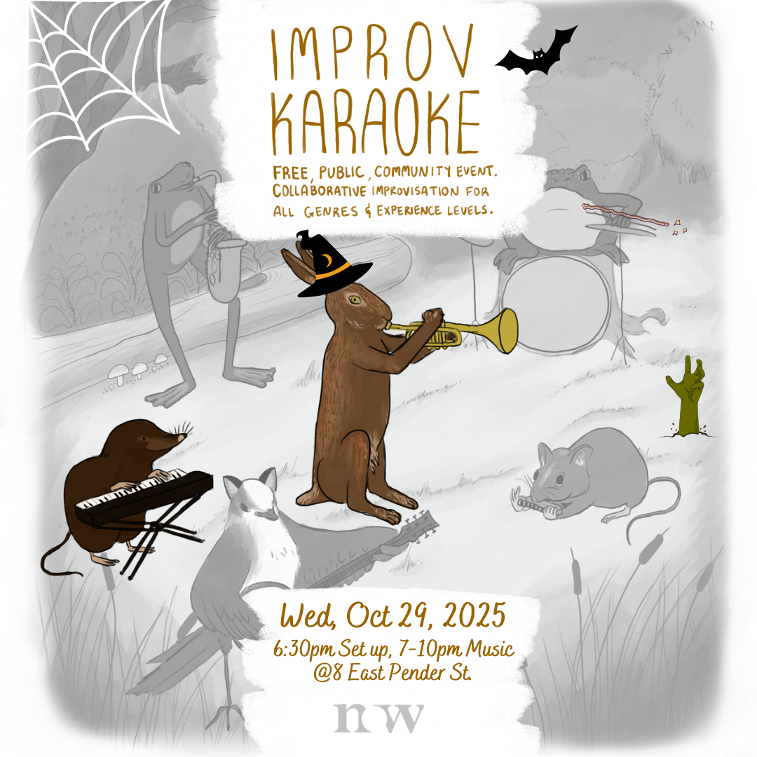 A bunny plays the trumpet, a frog plays the saxohpone, a frox plays the drums, a mouse plays harmonica, a bird plays banjo, and a possum plays keyboards