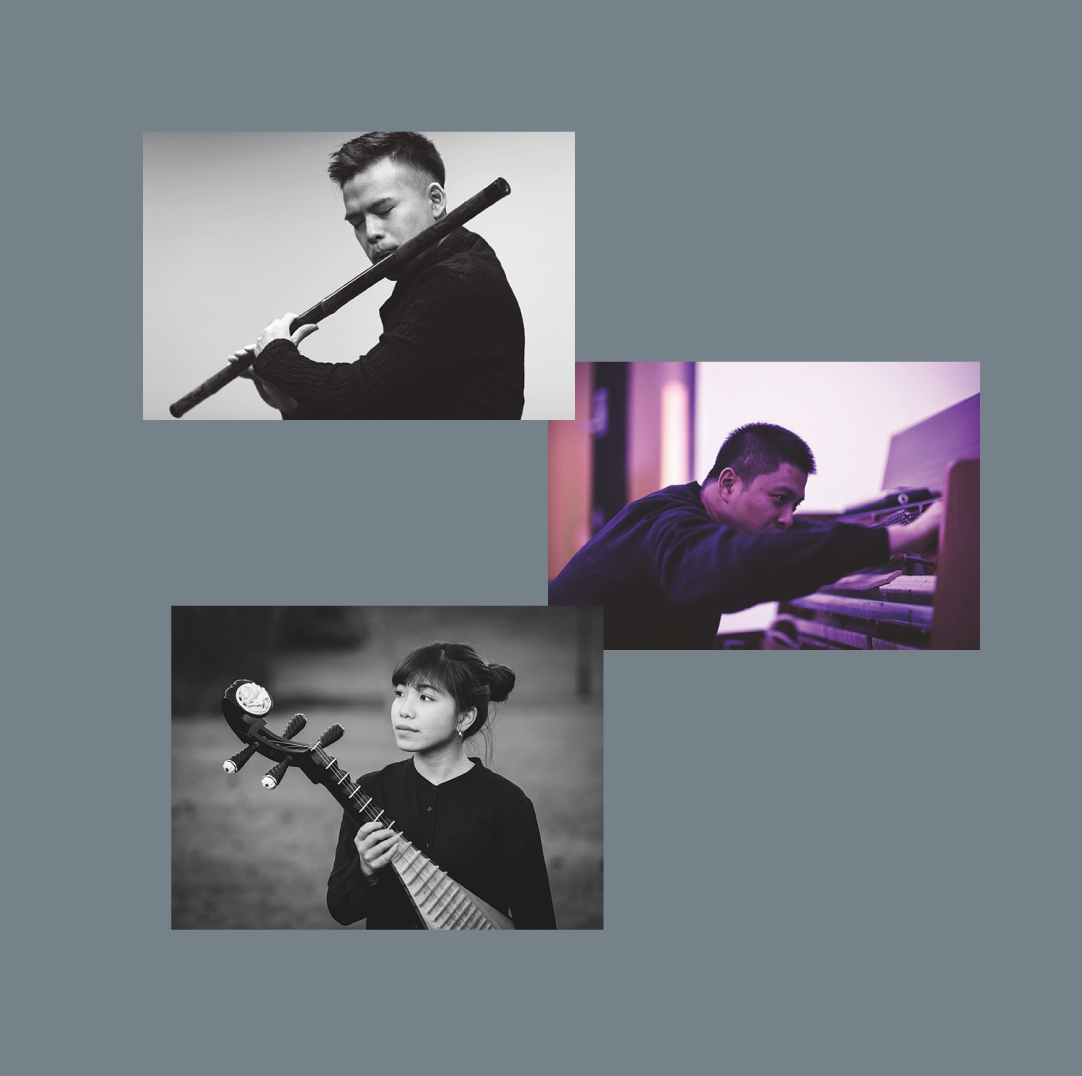 Fan-Qi Wu, Hsiao-Feng Lin, and Shih-Yang Lee with their instruments Flute, Piano, and Pipa
